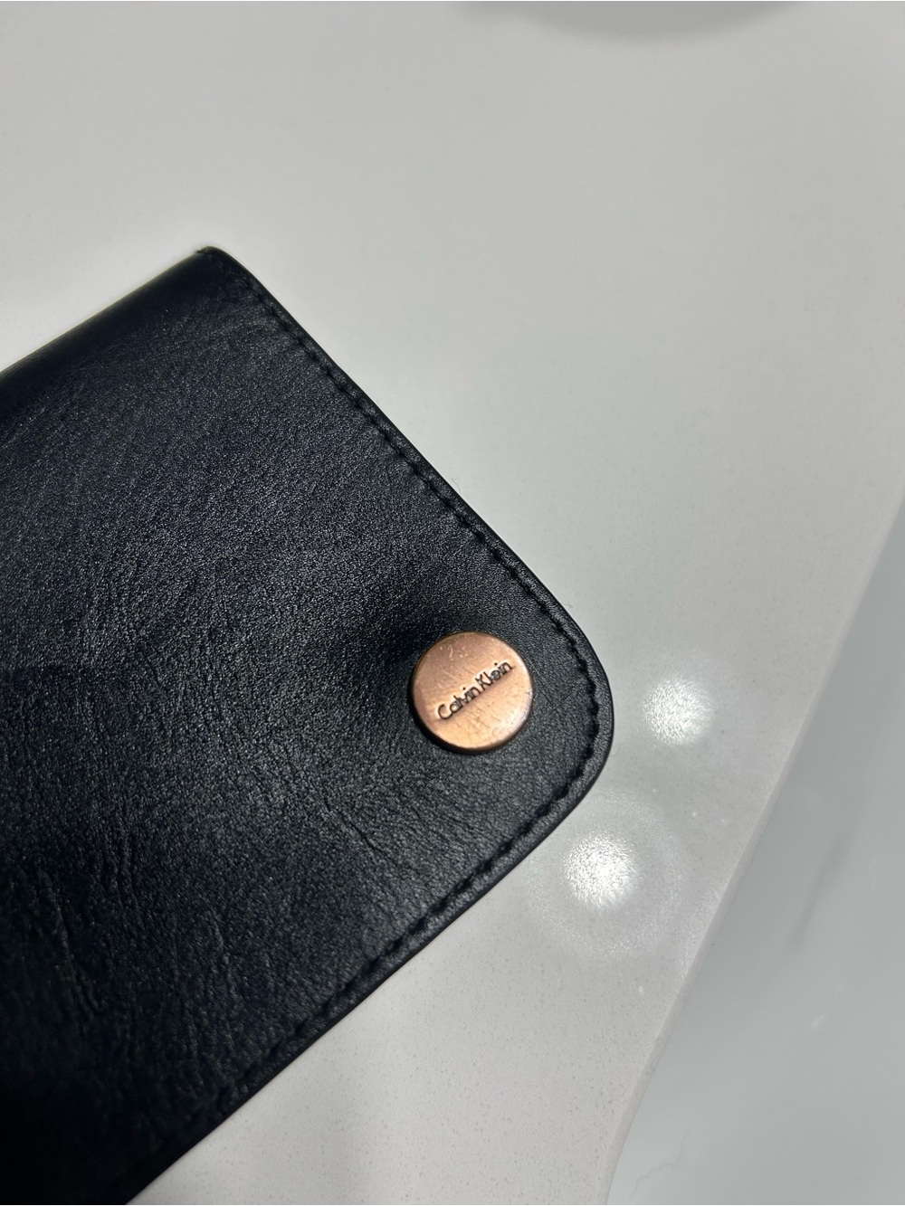 Calvin Klein Black Leather Wallet Phone Case with Gold Buttons
